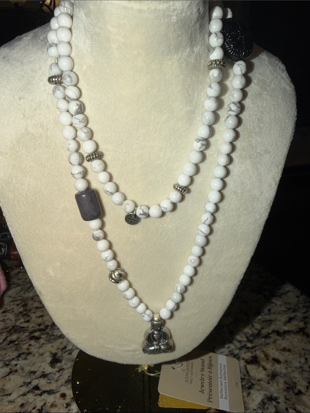 Designed Marlyn Schiff Layered White Howlite Bead Necklace Silver Buddha